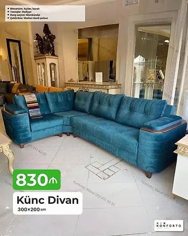 acilan divan: Künc Divan – 300×200 sm - Mexanizm: açılan, bazalı (yataq funksiyası — 1