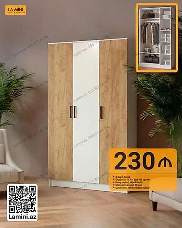 Мебель: 3 qapılı paltar dolabı - Ölçülər: dərinlik 47 sm x hündürlük 200 sm x — 1