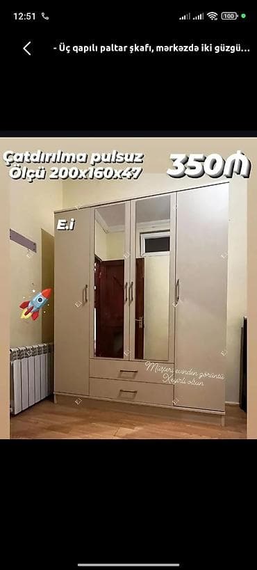 Üç qapılı paltar şkafı - Ölçü: 200 x 160 x 47 sm - Mərkəzdə iki — 1