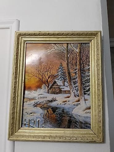 sine sekilleri: Rəsm tablosu – qış mənzərəsi - Mövzu: Gün batımı fonunda qarlı meşə — 1