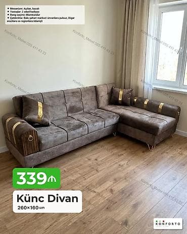 Künc divan – 260×160 sm - Mexanizm: açılan, bazalı (yataq funksiyalı