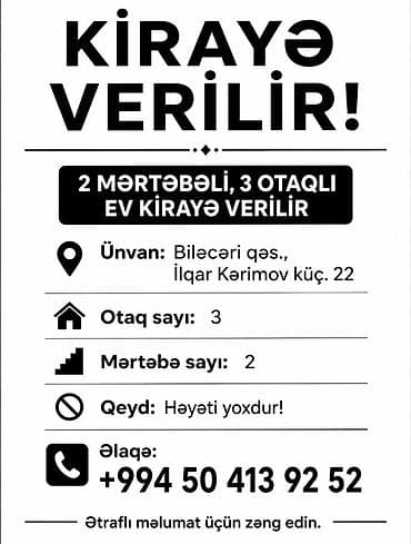 balaxani torpaq satilir: Kirayə verilir: 2 mərtəbəli, 3 otaqlı ev. Ünvan: Biləcəri qəsəbəsi — 1