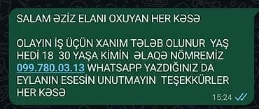 iş elanları 18 yaş altı: Vakansiya: xanım əməkdaş - İşin mahiyyəti: “Olayın işi” üçün xanım — 1