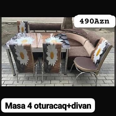 metbex stolari: Mətbəx/qonaq otağı üçün dəst: - Masa + 4 oturacaq + künc divanı - — 1