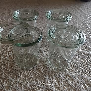 Şüşə bankalar dəsti – 4 ədəd - Material: qalın, şəffaf şüşə - Qapaq