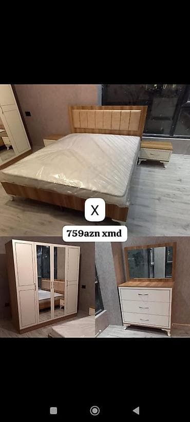Mebel: Yataq otağı dəsti Tərkibi: - Çarpayı: yumşaq başlıq, taxta teksturalı — 1