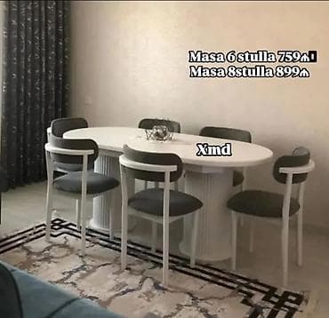 Ağ rəngli oval yemək masası dəsti. - Seçimlər: 6 stullu və ya 8