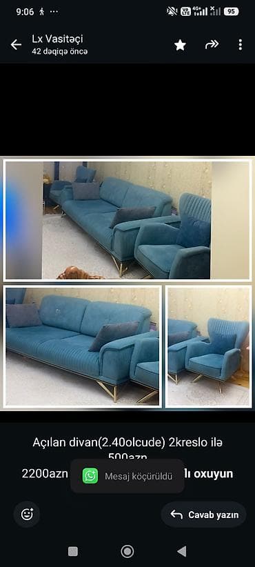 Açılan divan(2.40olcude) 2kreslo ilə 500azn 2200azn alinib 8ay öncə