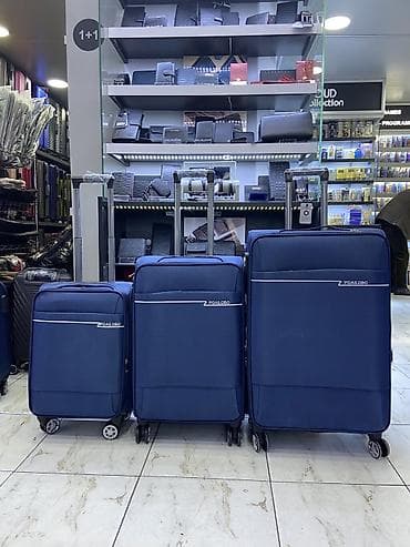 camadan: Məhsul: 3-lü tekstil çamadan dəsti – POAL OBO brendi, tünd mavi rəng — 1