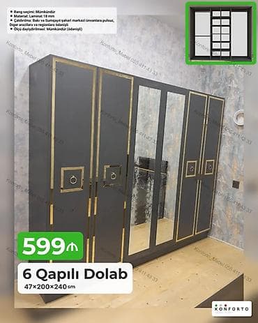 dolab skaf: 6 qapılı paltar dolabı – 47×200×240 sm - Material: 18 mm laminat - — 1