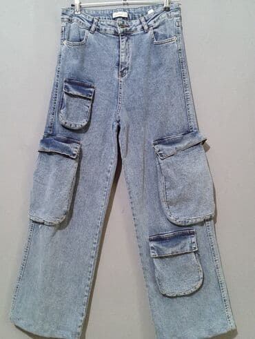 qaqa stili şalvar: Unisex cargo cins şalvar - Material: klassik denim (pambıq əsaslı) - — 1