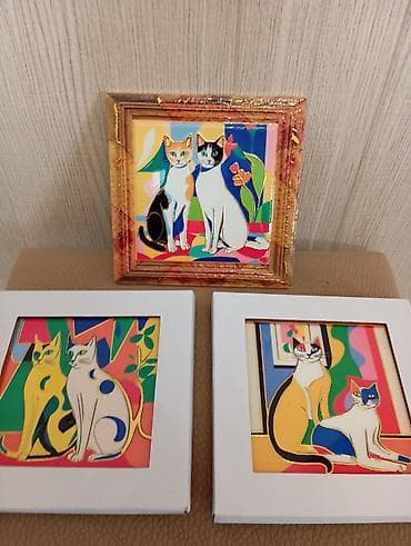 Rəngarəng pişik illüstrasiyaları olan mini dekorativ panolar/şüşə — 3