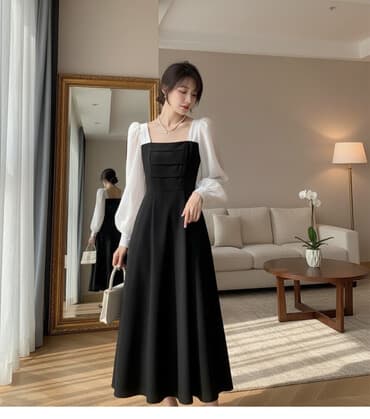 Qadın geyimi – zərif iki rəngli uzun don - Dizayn: qara ətək və üst