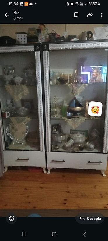 İki qapılı vitrin şkafı - Dizayn: Klassik üslubda, ağ korpus və gümüş