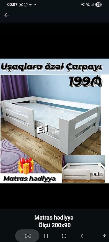 Uşaqlar üçün xüsusi çarpayı – ölçü 200x90. Ağ rəngli, möhkəm taxta — 1