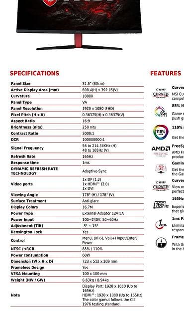 Modemlər və şəbəkə avadanlıqları: MSI Optix AG32C oyun monitoru - Ekran: 31.5" (80 sm), qövs radiusu — 1