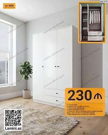 bal: 3 qapılı paltar dolabı – Kod: 1076 - Ölçülər: D 47 × H 200 × E 120 sm — 1