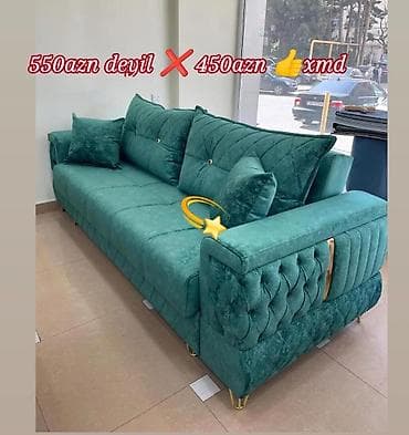 vilur sufreler: Zümrüd-yaşıl rəngdə, yumşaq məxməri parça ilə döşənmiş 3-yerlik divan — 1