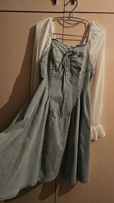 don: Denim paltar – şifon qol detalı ilə - Model: mini/midi uzunluqda — 4