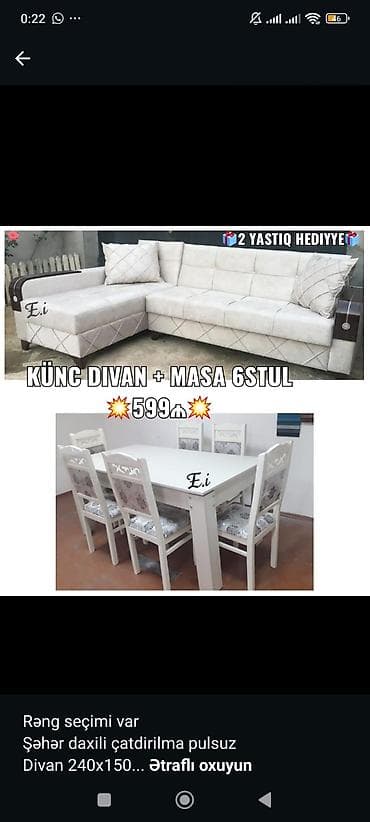 reception masa: Künc divan + masa və 6 stul dəsti - Komplekt: L‑şəkilli künc divan — 1