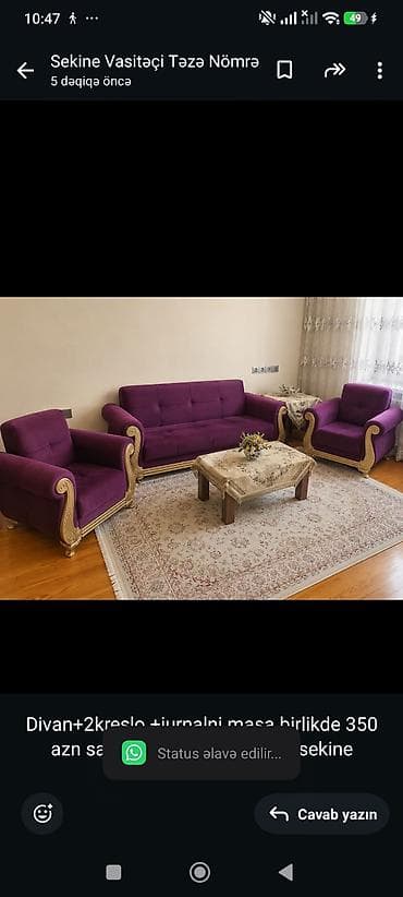 divan satisi: Divan+2kreslo +jurnalni masa birlikde 350 azn satilir‼️unvan bine 5533 — 1