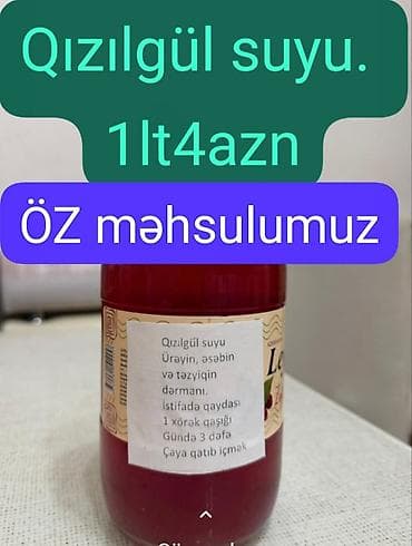 ickiler: Qızılgül suyu – təbii, ev istehsalı. • Həcm: 1 litr • Qiymət: 4 AZN — 1