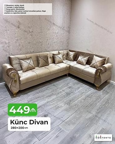 kreditle kunc divanlar: Künc divan – 280×200 sm - Mexanizm: açılan, bazalı (yataq funksiyası — 1