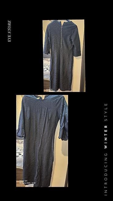 donlar yeni: Qadın paltarı – tünd mavi rəngdə, nazik ağ xətli naxışlı dizayn. - — 1