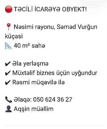 ucuz obyektler: Təcili icarəyə obyekt! - Ünvan: Nəsimi rayonu, Səməd Vurğun küçəsi - — 1