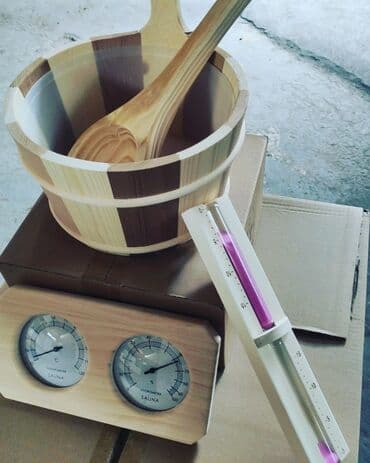 Sauna üçün komplekt, sauna vedrəsi, sauna qum saatı, sauna termometri