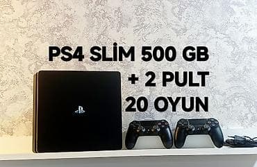 PS4 slim 500gb az işlənmiş əla vəziyətdə +2pult + 20 oyun. Cihaz