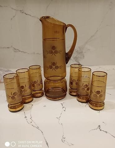 sintepon material: Kəhraba rəngli şüşə süfrə dəsti - Tərkibi: 1 ədəd sürahi + 6 ədəd — 1