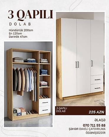 3 qapılı, Siyirməli, Ağ, Taxta, Açılan, Düz dolab — 1