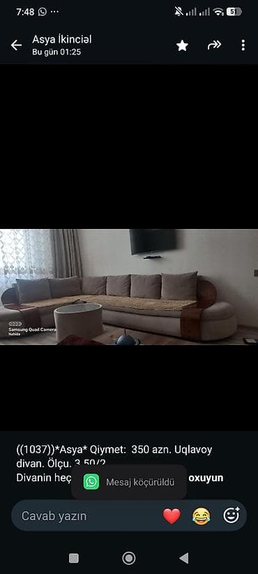 divan olcusu: ((1037))*Asya* Qiymet: 350 azn. Uqlavoy divan. Ölçu. 3.50/2 Divanin — 1