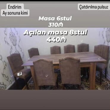 laminat qiyməti: Qonaq otağı üçün, Yeni, Açılan, Dördbucaq masa, 6 stul — 13