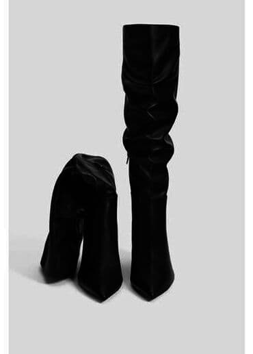 Босоножки, сандалии, шлепанцы: Qadın çəkməsi – qara, dizə yaxın uzunluq, büzməli şaft dizaynı — 2