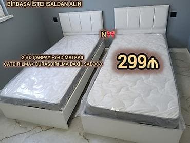 İki ədəd tək nəfərlik çarpayı və iki ədəd matras seti - Ağ rəngdə
