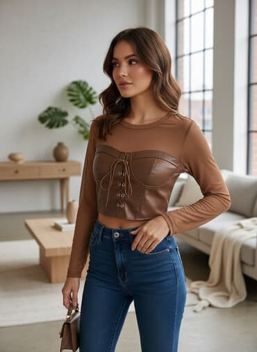 qadınlar üçün bədən yığan maykalar: Şəffaf tül və eko–dəri birləşməli qadın crop top. - Rəng — 1