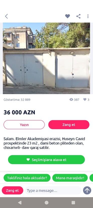 Kirayə qaraj: Elmlər Akademiyası ərazisi, Hüseyn Cavid prospektində yerləşən daş — 2