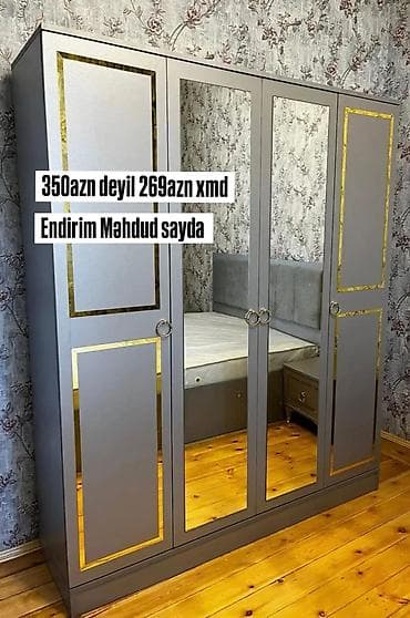 tek dolab: Dördkapılı şkaf – boz rəng, qızılı dekor xətləri ilə. - Orta hissədə — 1