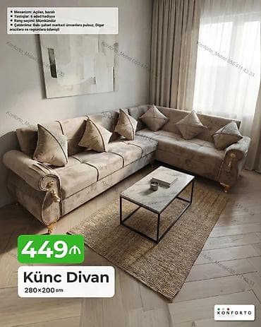 Künc Divan – 280×200 sm - Mexanizm: açılan, bazalı (yataq funksiyası