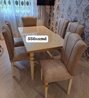 Yemək otağı üçün masa və 6 ədəd stul dəsti. - Rəng: krem/bej tonları