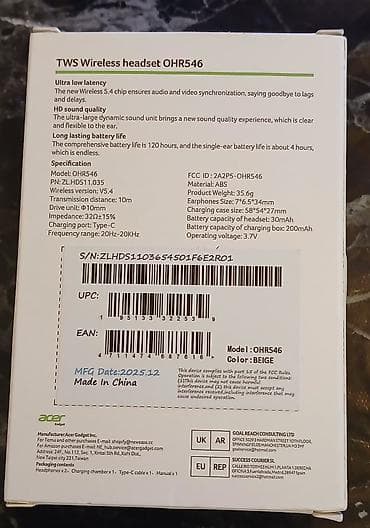 kalonka mersedes: Acer TWS Wireless Headset OHR546 - Ultra aşağı gecikmə: Wireless 5.4 — 2