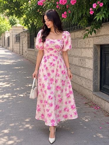 Gül naxışlı qadın donu - Stil: Romantik, yay üçün ideal - Rəng və