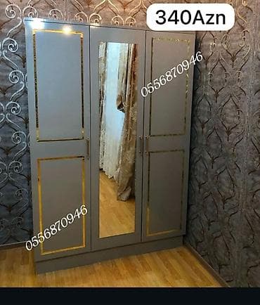 Güzgülü paltar şkafları (bir neçə model) - 3 qapılı boz şkaf: ön