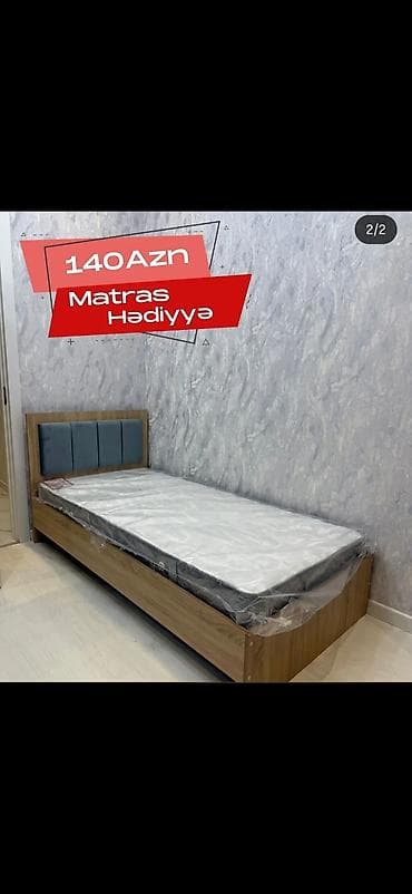 dosək: Tək nəfərlik taxta çarpayı – başlıqda yumşaq parça panel - Material — 2