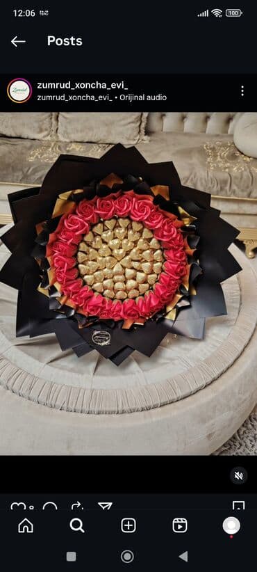 atena kərə yağı qiyməti: Şokolad və güllərdən hazırlanmış premium buket - Mərkəzdə qızılı — 1