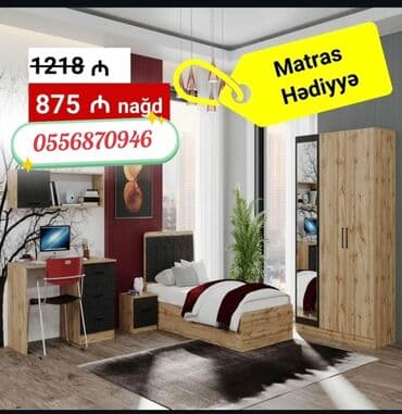 спальная мебель в баку цены: Двуспальная кровать, Шкаф, Трюмо, 2 тумбы, Азербайджан, Новый — 4