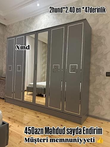 Yeni, 6 qapı, Güzgülü, Boz, Digər material, Açılan, Düz dolab