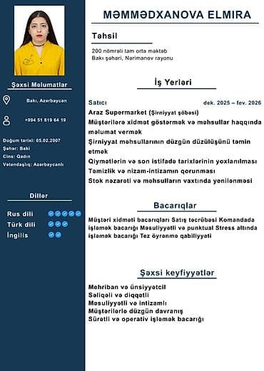 Barista, Qadın, 19 yaş, Təcrübəsiz